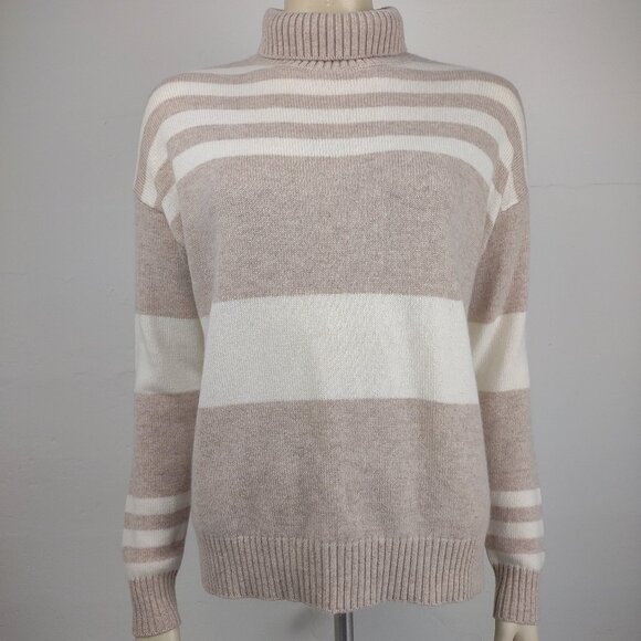 J. McLaughlin beige white striped 100% Cashmere turtleneck sweater ladies Small - Picture 1 of 7